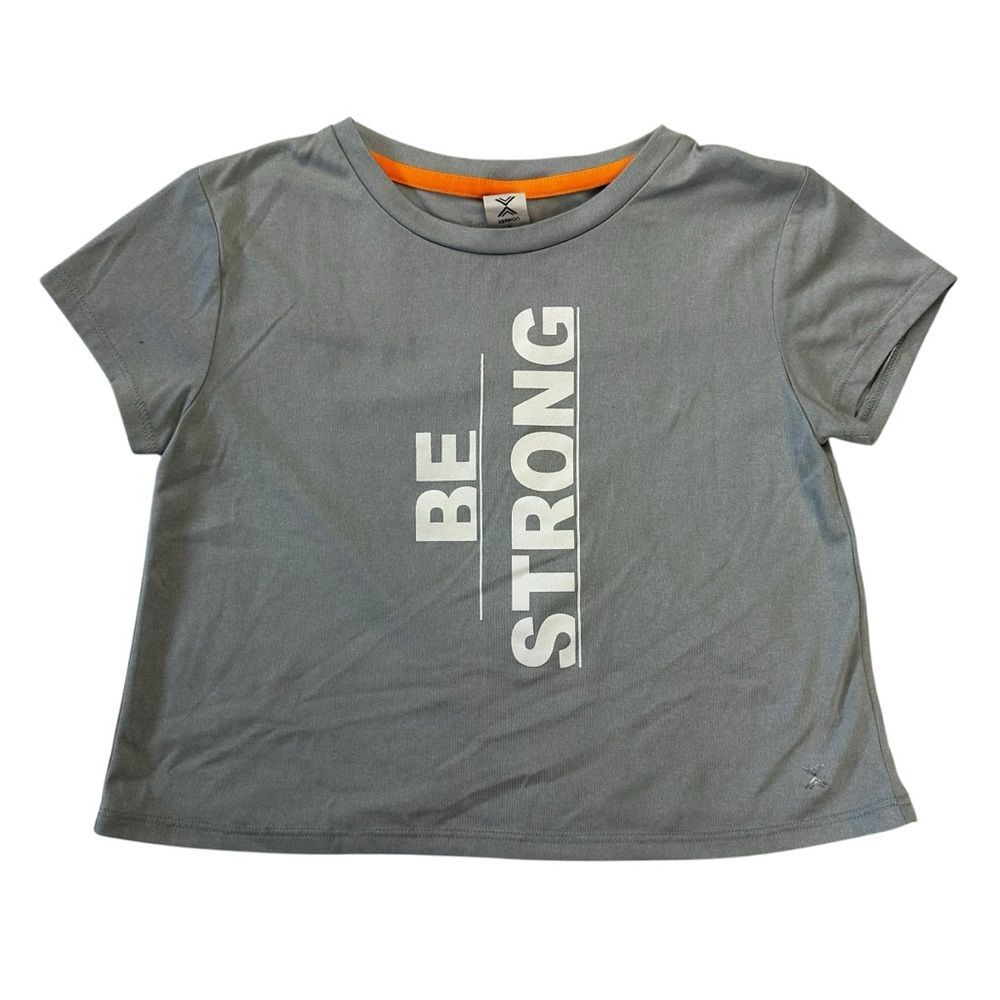 Xersion Girls Sz S 7/8 Short Sleeve Be Strong T-Shirt Blue Split Back Quick Dri